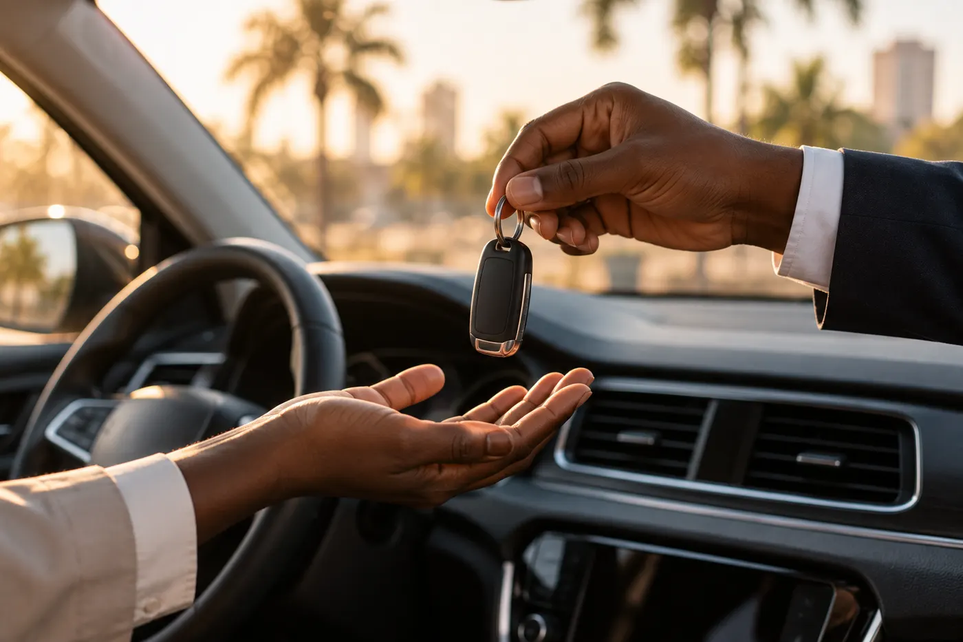 Remise des clés d'une voiture dans l'habitacle
