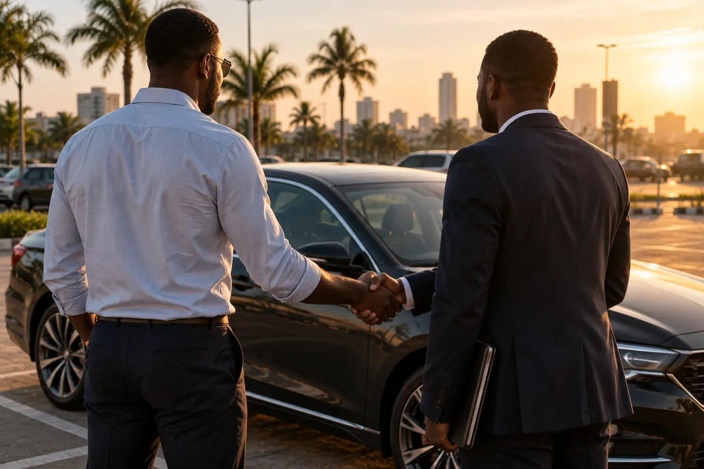 Un conseiller accueille un client devant un garage